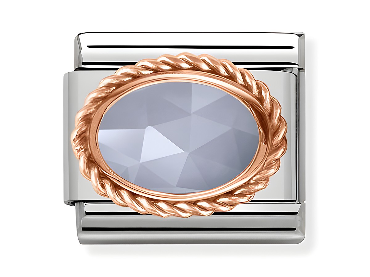 Achat mit Seilmuster umrandet in Roségold, umgeben von einem glänzenden Edelstahlrahmen, mit facettiertem grauem Stein in ovaler Form für eleganten Schmuck.