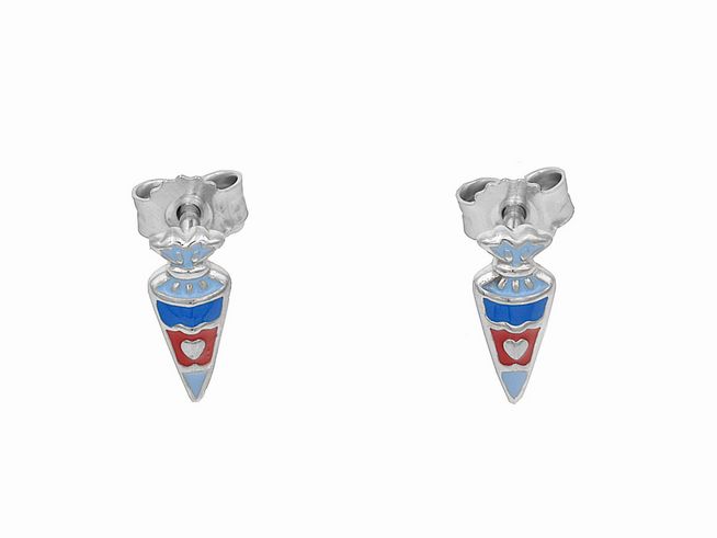 Ohrstecker in Form einer Schultüte aus rhodiniertem Sterling Silber, poliert, mit lackierten Details in Dunkelblau, Rot und Hellblau, geeignet für Kinder, Hersteller Juwelier Harnisch.