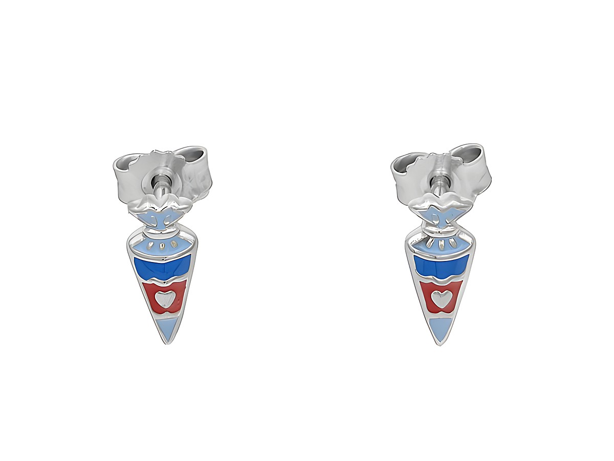 Ohrstecker in Form einer Schultüte aus rhodiniertem Sterling Silber, poliert, mit lackierten Details in Dunkelblau, Rot und Hellblau, geeignet für Kinder, Hersteller Juwelier Harnisch.