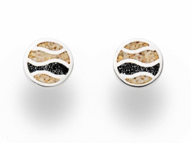 DUR Schmuck O5233 Sterling Silber Ohrringe mit Strandwellen- und Lavasandelementen, runde Form, elegante Gestaltung in Schwarz und Beige, ideal für Strandliebhaber und modebewusste Frauen.