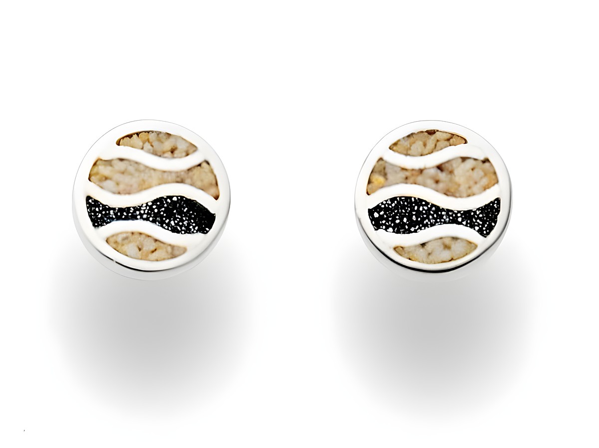 DUR Schmuck O5233 Sterling Silber Ohrringe mit Strandwellen- und Lavasandelementen, runde Form, elegante Gestaltung in Schwarz und Beige, ideal für Strandliebhaber und modebewusste Frauen.