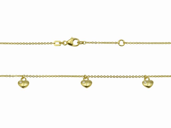 Silberne Kette in Herzreihe, vergoldet in Gelbgold, 36 cm und 38 cm lang, mit Zirkonia, Hersteller Juwelier Harnisch, stilvolles Schmuckstück für besondere Anlässe.