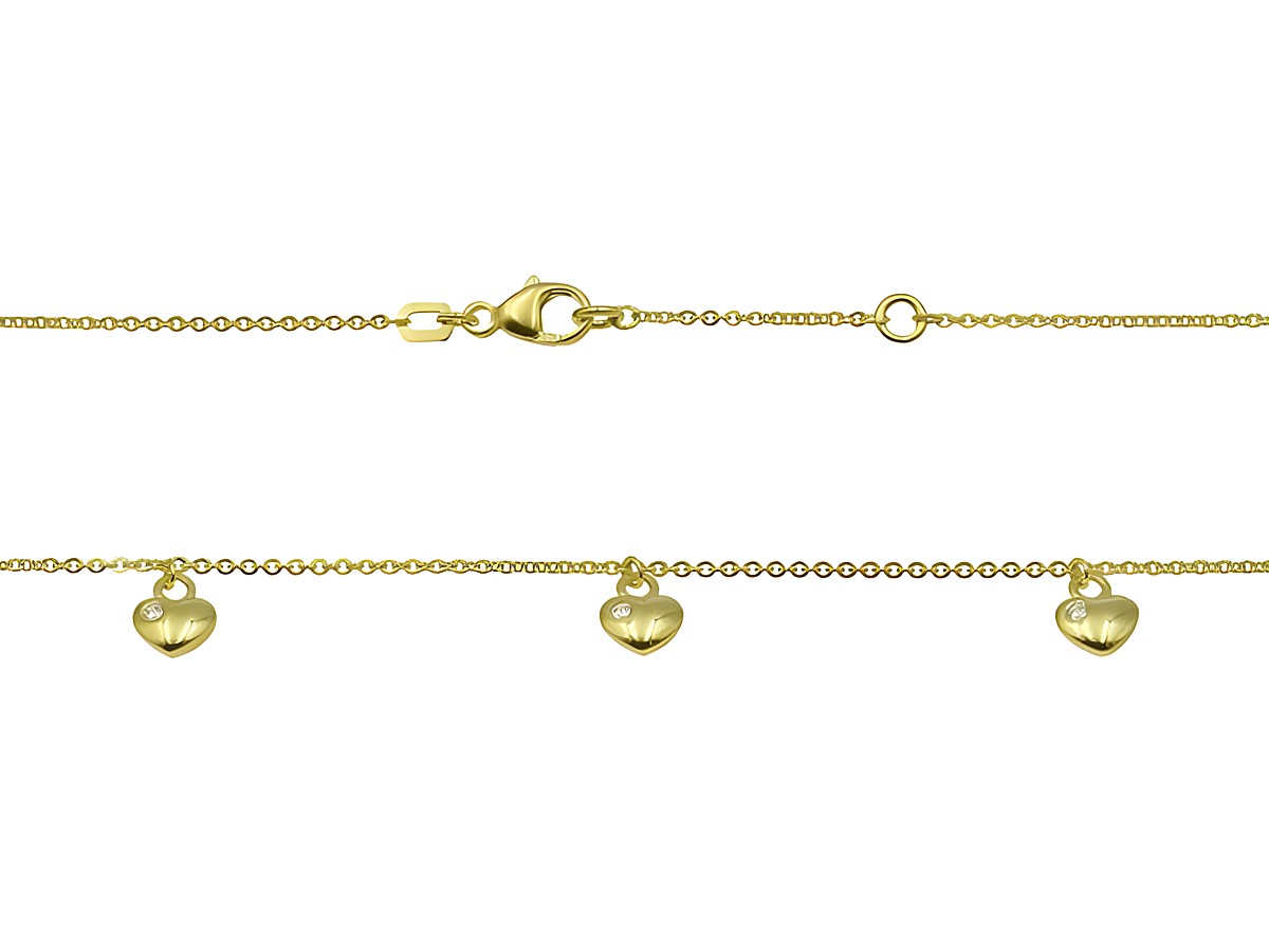 Silberne Kette in Herzreihe, vergoldet in Gelbgold, 36 cm und 38 cm lang, mit Zirkonia, Hersteller Juwelier Harnisch, stilvolles Schmuckstück für besondere Anlässe.
