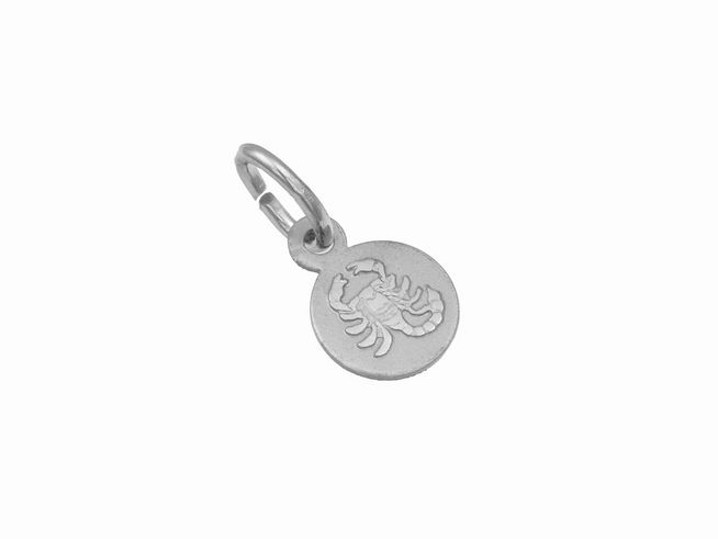 Silber Anhänger mini zum Sternzeichen Skorpion, teilmattiert und rhodiniert, rund mit eingravierter Skorpionzeichnung, Hersteller Juwelier Harnisch.
