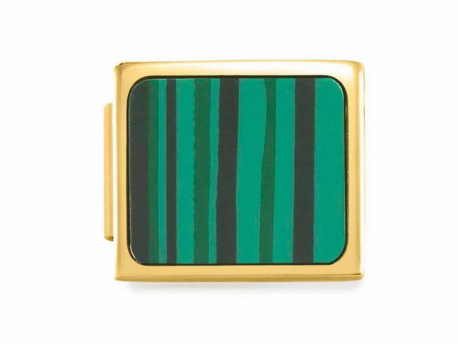Viereckiger Charm aus Edelstahl in Gelbgold mit Malachit-Muster in grünen und schwarzen Streifen, Hersteller Nomination Classic GLAM, Modellnummer 230503 07.