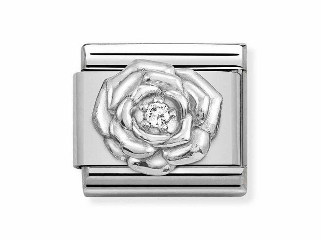 Ein elegantes Charm aus Sterling Silber mit einer klaren Zirkonia, verziert mit einer stilisierten Rose. Hersteller ist Nomination, Silvershine Motive, Artikelnummer 330311 12.