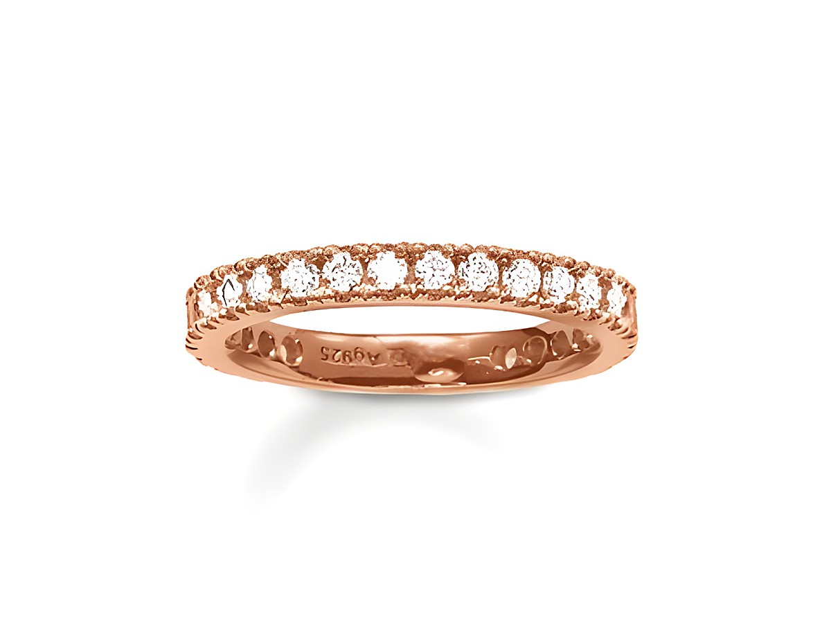 Thomas Sabo Ring TR1981-416-14-60 aus Silber in vergoldetem Roségold mit Zirkonia in Größe 60, elegantes Design mit funkelnden Steinen entlang der Ringoberfläche.