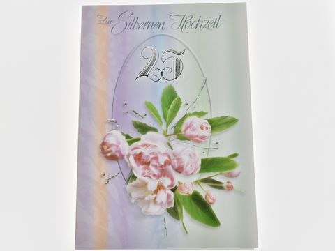 Hochzeitskarte mit rosa Pfingstrosen und dem Schriftzug zur silbernen Hochzeit, verziert mit zarten Blättern und einer stilisierten Zahl 25. Hersteller Juwelier Harnisch, Hochzeitskarten.