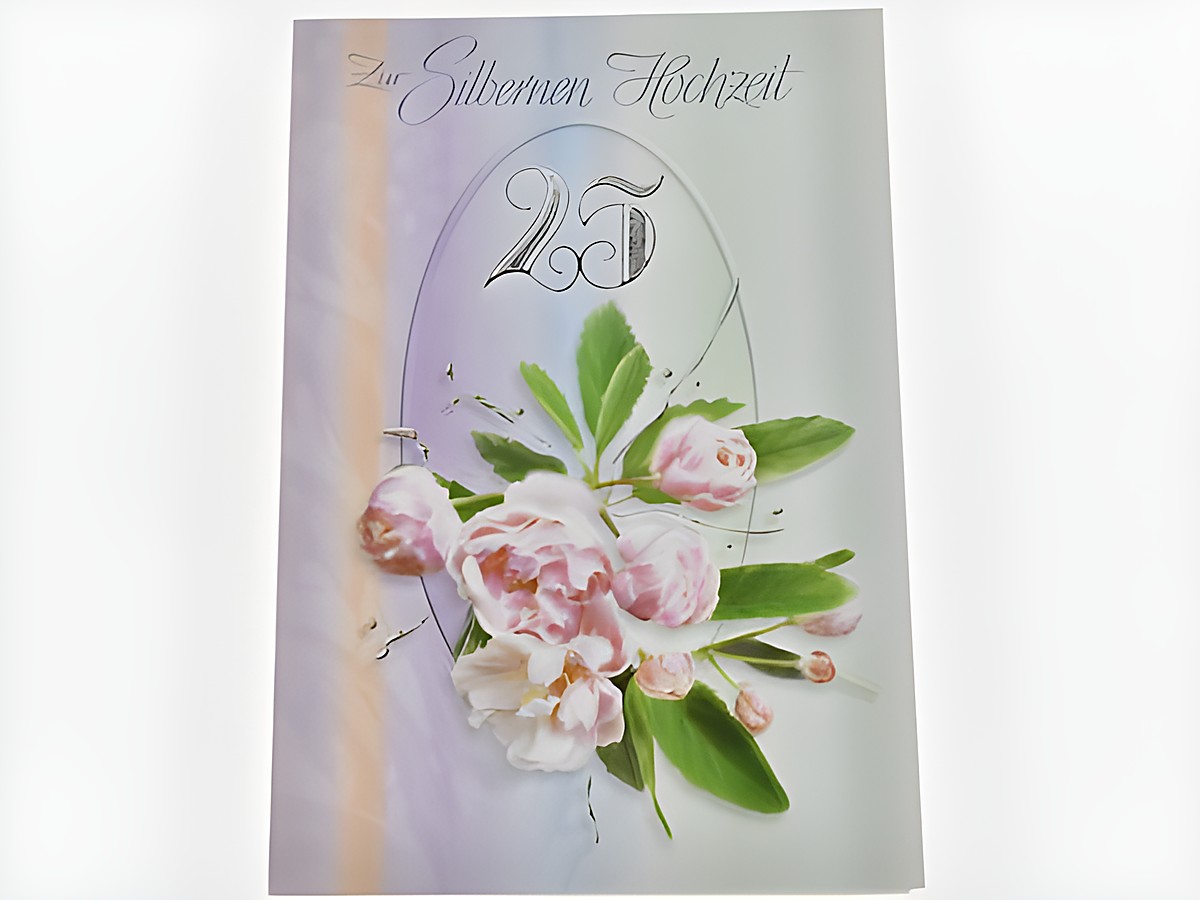 Hochzeitskarte mit rosa Pfingstrosen und dem Schriftzug zur silbernen Hochzeit, verziert mit zarten Blättern und einer stilisierten Zahl 25. Hersteller Juwelier Harnisch, Hochzeitskarten.