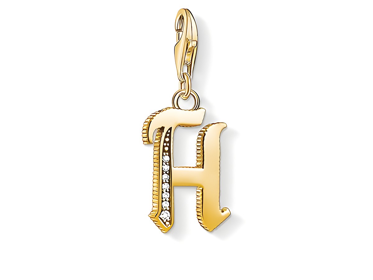 Charm-Anhänger Buchstabe H von Thomas Sabo in vergoldeter Ausführung, verziert mit klaren Kristallen, ideal zum individuellen Gestalten von Schmuck.