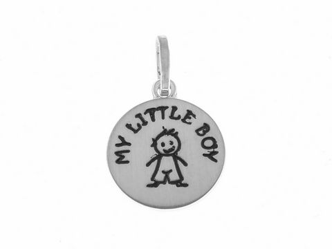 302232-0 Ein runder Anhänger aus rhodiniertem 925 Sterling Silber mit der Gravur My little Boy und einer zeichnerischen Darstellung eines kleinen Jungen, hergestellt von Juwelier Harnisch, ideal für Kinder.