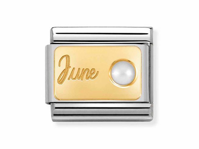 Monatsstein Charm aus Edelstahl und Gold 585 mit der Inschrift Juni und einer weißen Perle, ideal für individuelle Schmuckstücke und Geschenkideen.