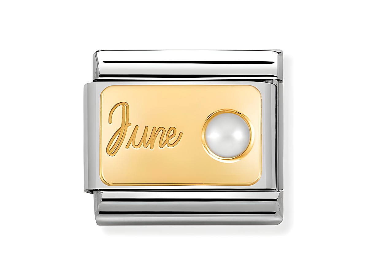 Monatsstein Charm aus Edelstahl und Gold 585 mit der Inschrift Juni und einer weißen Perle, ideal für individuelle Schmuckstücke und Geschenkideen.