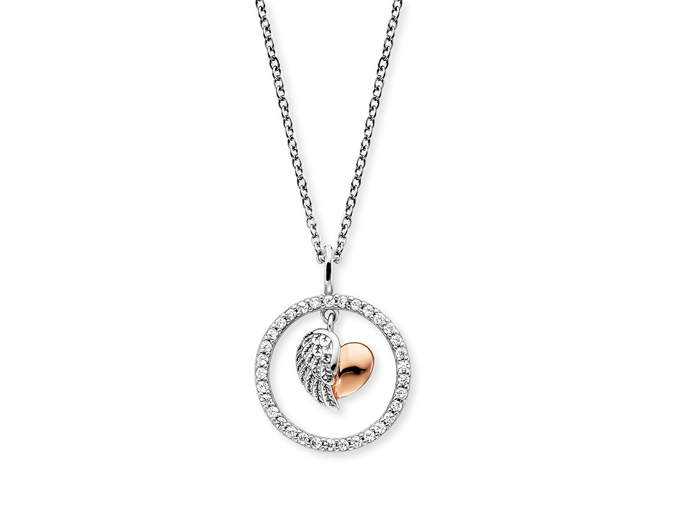 Kette mit Anhänger von Engelsrufer in Roségold vergoldet auf Silber, Herzflügel-Motiv, umrahmt von Zirkonia, Länge 42 cm. Ideal als modisches Accessoire oder Geschenk.