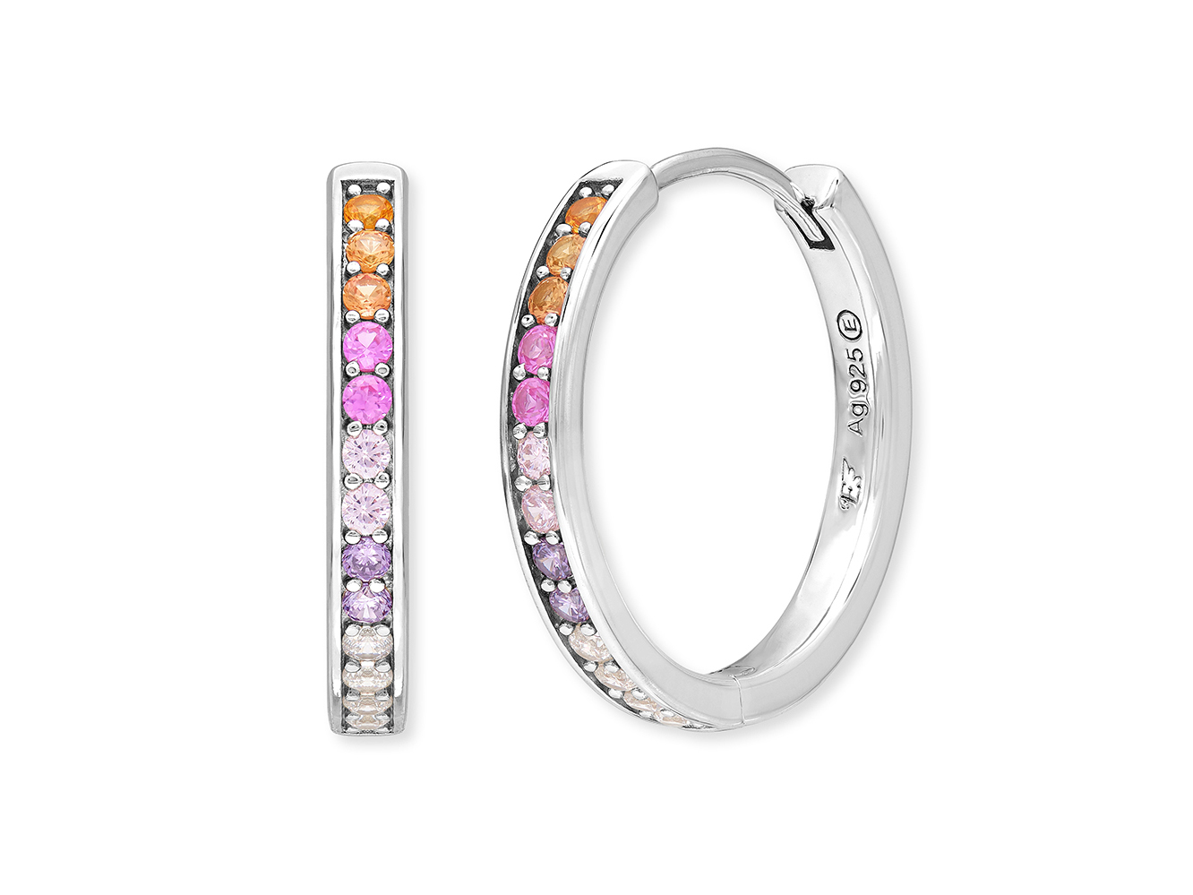 Engelsrufer ERE-WARM-ZIM-CR-21 WARM Creole Regenbogen mit Zirkonia in Multicolor, silber rhodiniert, elegante Ohrringe mit leuchtenden, bunten Steinen auf der Vorderseite.