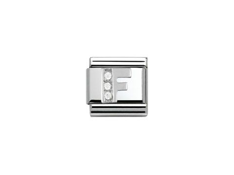 Buchstabe F aus Silber mit Zirkonia, glänzende Oberfläche und modernes Design von Nomination Classic 330301 06, perfekt für individuelle Armbänder.