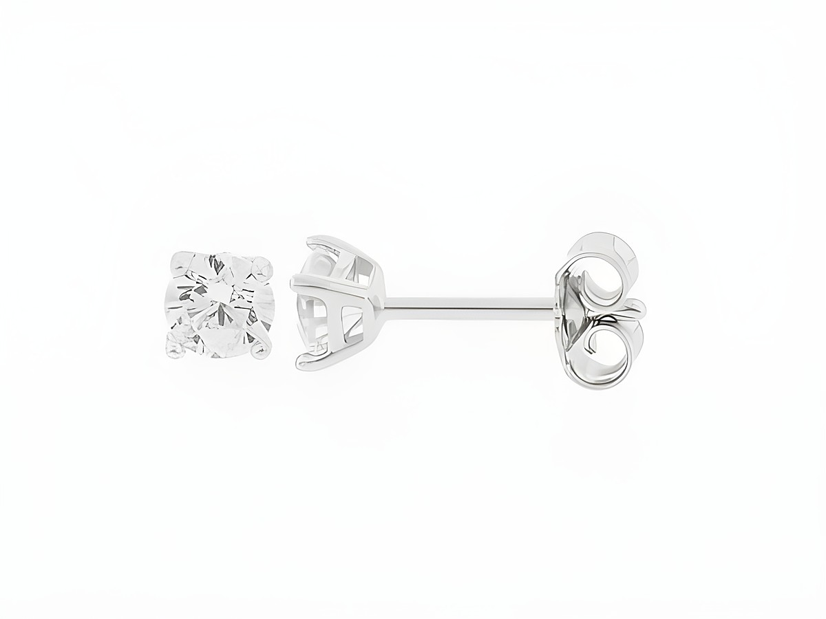 Runde Silber Ohrringe mit einem Durchmesser von 4 mm, besetzt mit Zirkonia, in hochwertiger Verarbeitung von Juwelier Harnisch, als Stecker ausgeführt.