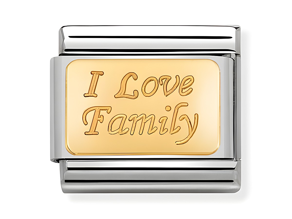 Ein charm mit dem Schriftzug I Love Family in Gold auf einer silbernen Basis, der die Verbundenheit zur Familie symbolisiert und Teil der Nomination Composable Classic Kollektion ist.