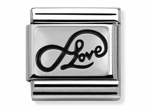 433010207-0 Silbernes Nomination Classic OXI Armband-Element aus Edelstahl mit der Aufschrift Love in geschwungener Schriftart, elegantes Design, ideal als Schmuckstück für besondere Anlässe.