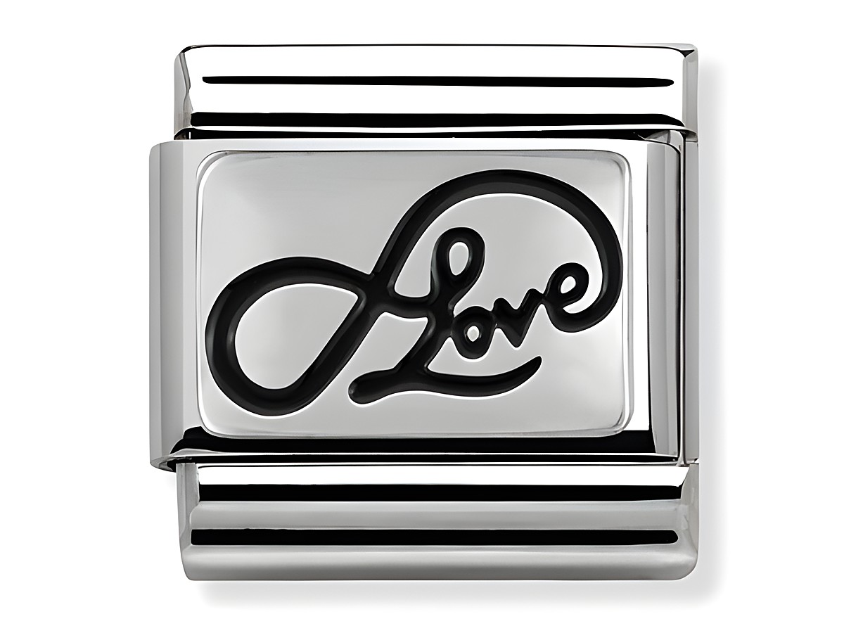 Silbernes Nomination Classic OXI Armband-Element aus Edelstahl mit der Aufschrift Love in geschwungener Schriftart, elegantes Design, ideal als Schmuckstück für besondere Anlässe.