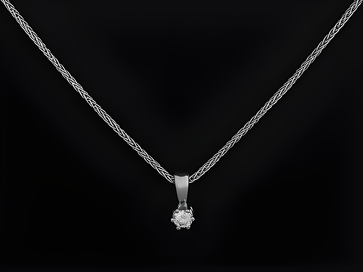 Weißgold Kette mit Anhänger Fuchsschwanz strahlend Brillant 0,10 ct W/Si 43 cm Hersteller Juwelier Harnisch Anhänger mit Kette auf schwarzem Hintergrund.