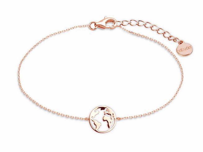 Xenox Sterling Silber Armband XS3165R in Roségold vergoldet mit Ankerkette und Weltkugel-Anhänger, verstellbar von 15 bis 18,5 cm, ideal für stilbewusste Abenteurer.