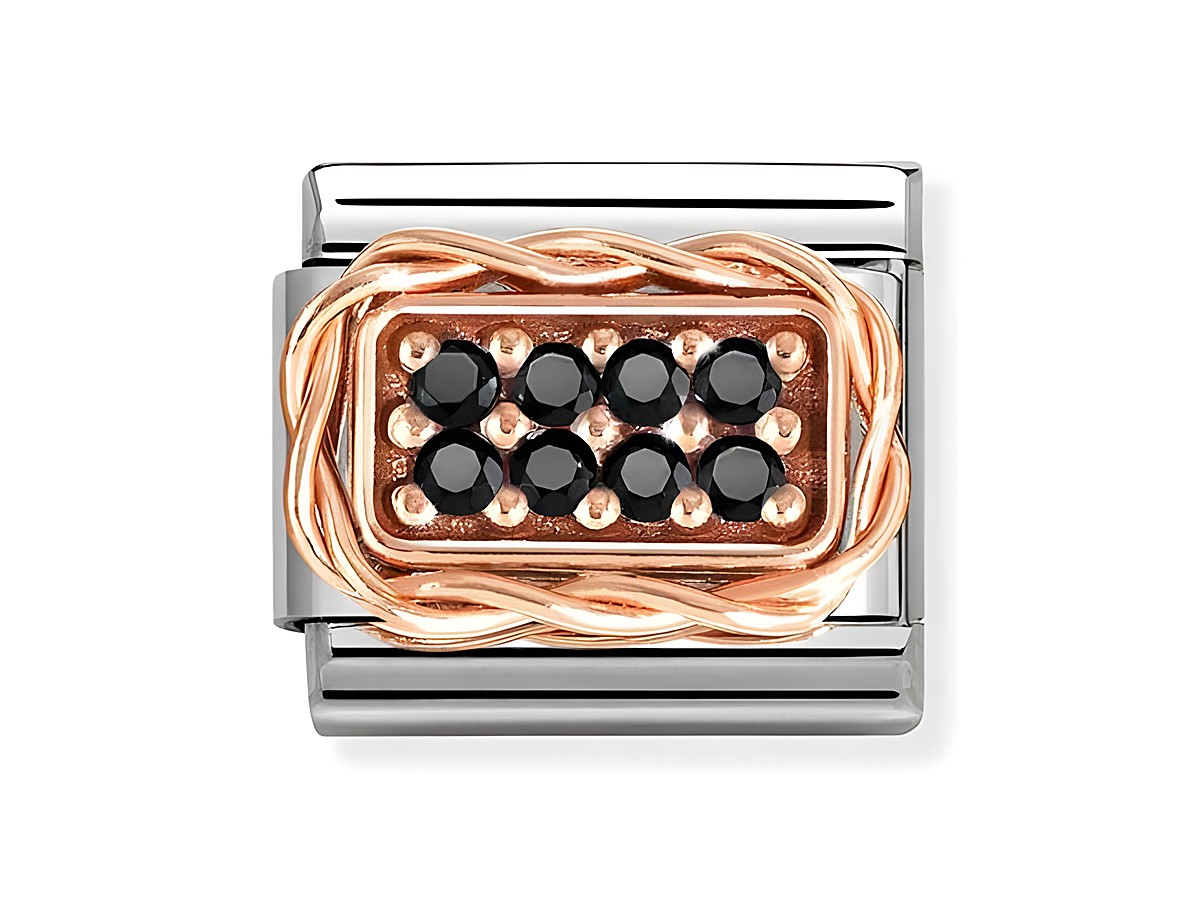 Zirkonia Charm in Roségold und Edelstahl mit schwarzem Pavè, verziert mit sechs schwarzen Zirkonia-Steinen, anmutiges Design für stilvolle Armbänder und Schmuckstücke.