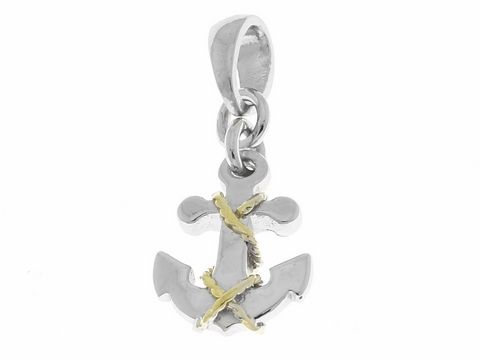 Ein Anhänger in Form eines Ankers aus Silber, rhodiniert und bicolor, mit maritimen Elementen und einem dekorativen Goldstrang, ideal für Seefahrt-Fans, Hersteller Juwelier Harnisch.