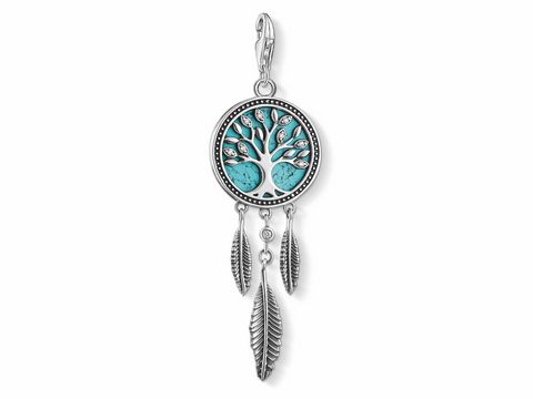 Silber Charm-Anhänger Lebensbaum von Thomas Sabo mit filigranem Baum-Motiv und drei hängenden Federanhängern in Türkis und Silber, ideal für individuelles Schmuckdesign.