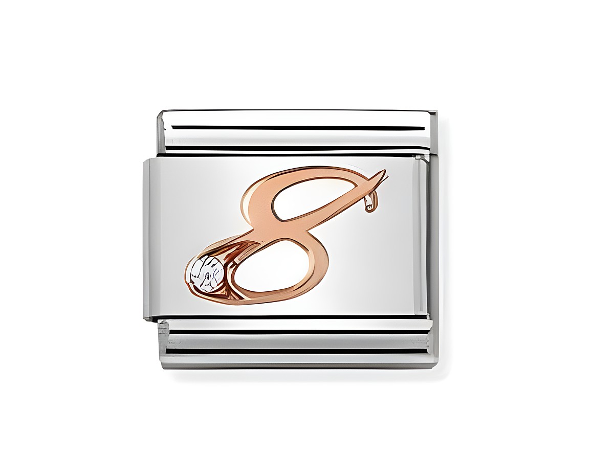 Das Bild zeigt ein charmantes Modul von Nomination mit der Zahl acht und einem kleinen strahlenden Stein. Das Design ist elegant und modern, ideal für Armbänder.