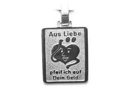 Silber Anhänger mit dem Motiv eines lächelnden Herzens und der Aufschrift Aus Liebe pfeif ich auf dein Geld, hergestellt von Juwelier Harnisch.