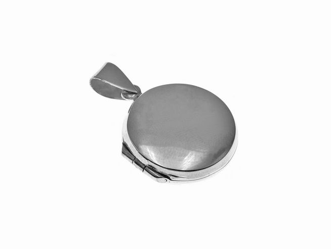 Medaillon Rund aus Silber, glänzend, Halsschmuck vom Hersteller Juwelier Harnisch, rundes Design mit einem eleganten Anhänger.