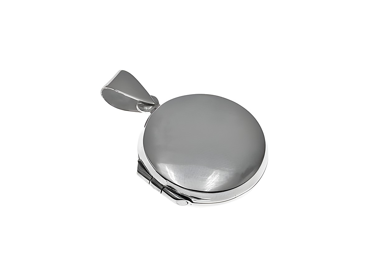 Medaillon Rund aus Silber, glänzend, Halsschmuck vom Hersteller Juwelier Harnisch, rundes Design mit einem eleganten Anhänger.