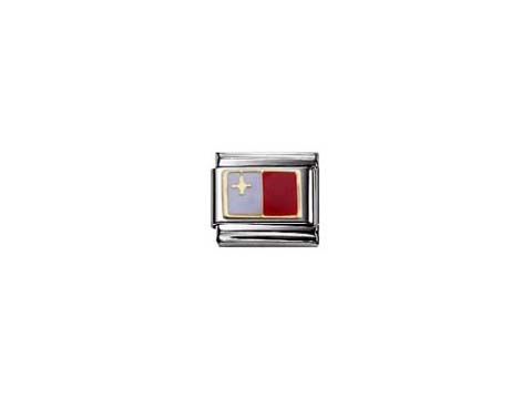Classic FLAGGE emaill MALTA 030234 29 von Nomination zeigt die Flagge von Malta in einem Rechteck, kombiniert mit silbernem Hintergrund und goldenen Akzenten. Ideal für individuelle Armbänder.
