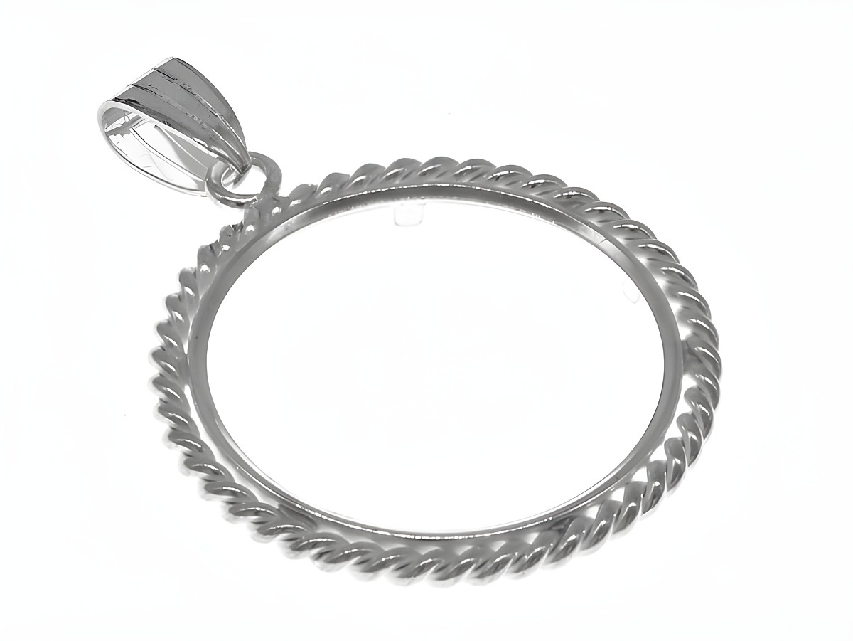 Münzfassung Anhänger aus 925 Sterling Silber mit Kordel Design, maximaler Durchmesser für Münzen 26 mm, geeignet für Münzen bis 3,0 cm.