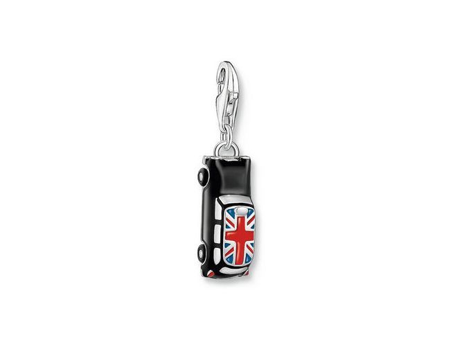 56972708-0 Charm-Anhänger in Form eines London Taxis aus Silber mit buntem Emaille und Zirkonia, detailreiche Gestaltung mit britischer Flagge, ideal für individuellen Schmuck.