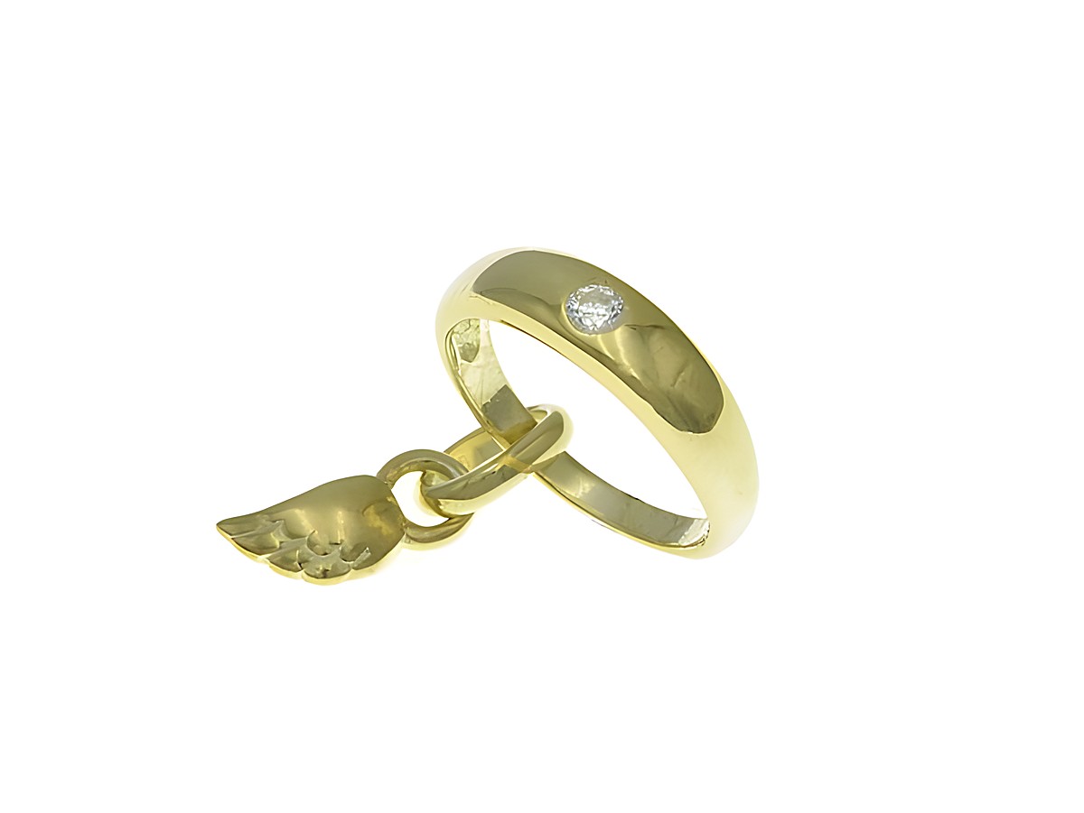 Taufring mit Flügel aus Sterling Silber, poliert und vergoldet in Gelbgold, Zirkonia als Schmuckstein, Hersteller Juwelier Harnisch, Silber mit Anhänger.