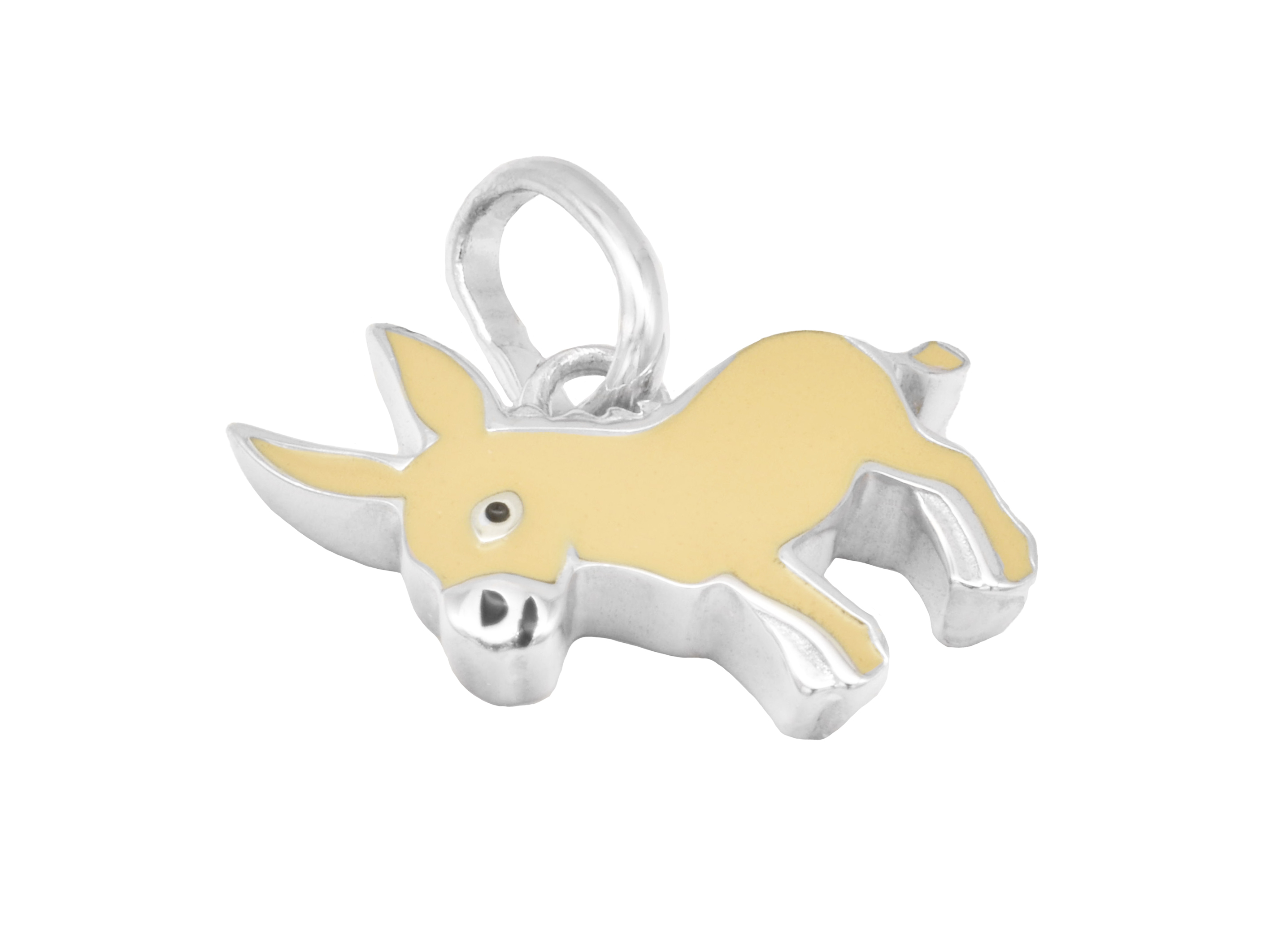 Ein Esel-Anhänger aus rhodiniertem Sterling Silber, poliert, mit braunem Lack. Das niedliche Eselchen eignet sich ideal als Schmuck für Kinder und ist von Juwelier Harnisch.