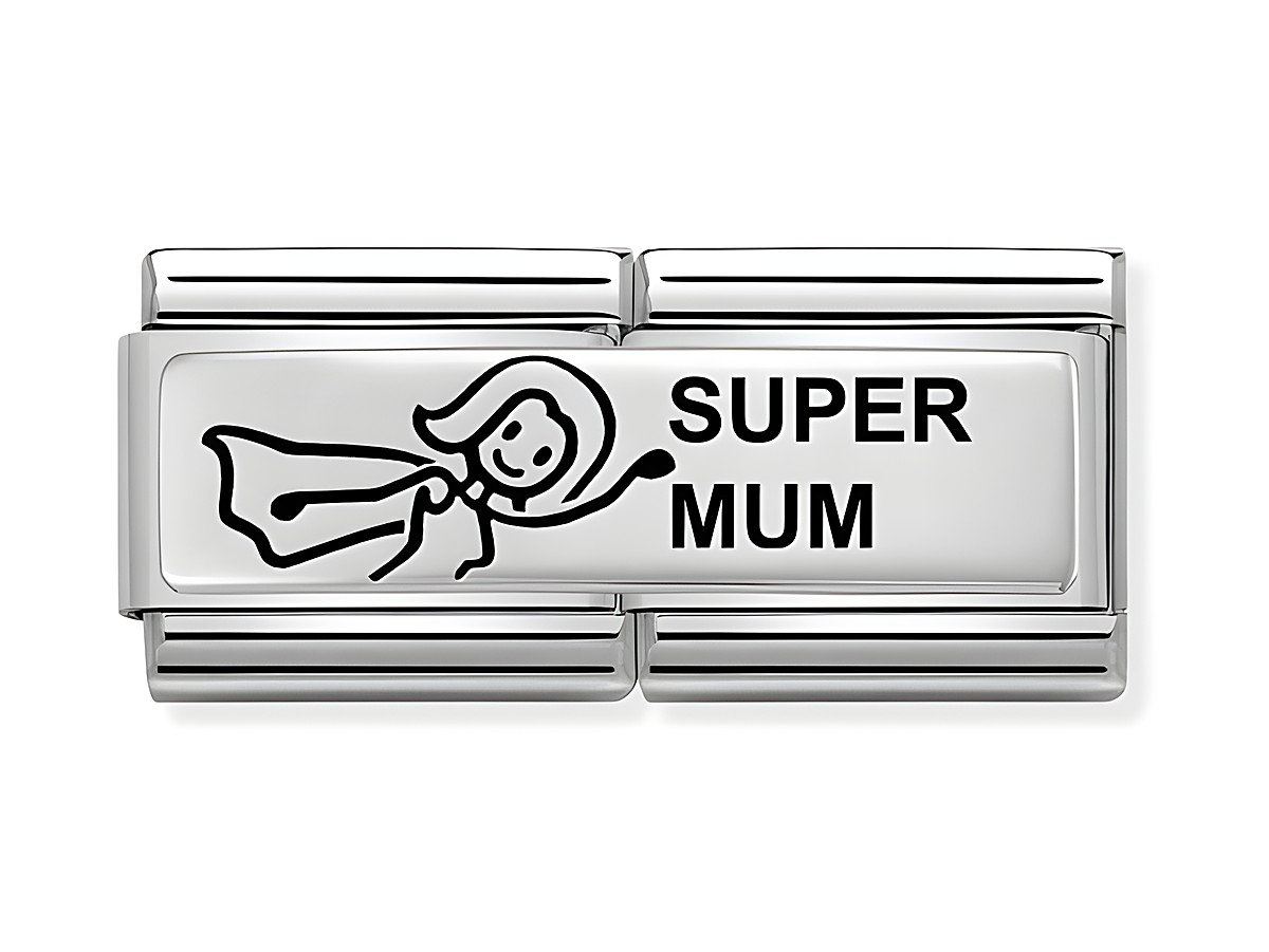 Nomination Classic Sterling Silver DOUBLE 330710 38 Super Mum zeigt ein charmantes Silberarmbandglied mit einer fröhlichen Zeichnung einer Mutter mit Umhang und der Aufschrift Super Mum.