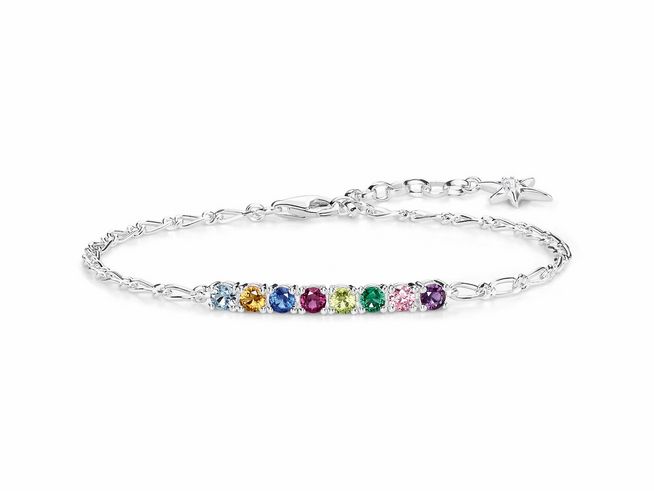 Silbernes Armband von Thomas Sabo mit bunten Zirkonia Steinen, elegant verziert, für stilvolle Akzente im Alltag oder besonderen Anlässen. Ideal für modebewusste Frauen.