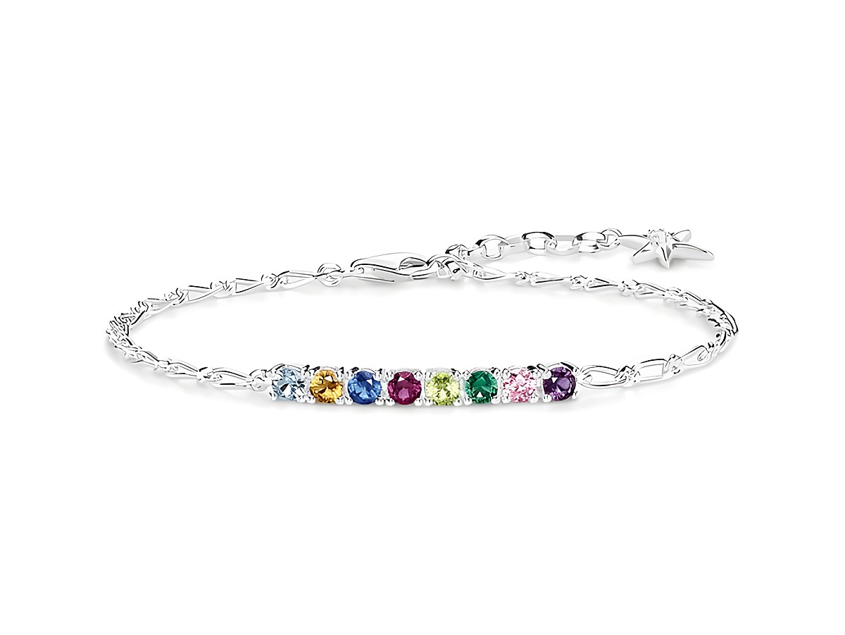 Silbernes Armband von Thomas Sabo mit bunten Zirkonia Steinen, elegant verziert, für stilvolle Akzente im Alltag oder besonderen Anlässen. Ideal für modebewusste Frauen.
