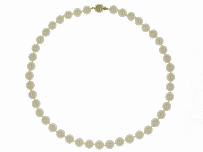 Perlenkette aus Süßwasser-Zuchtperlen 9,5-10 mm in Weiß, Länge 46 cm, klassisch gestaltet, Bicolor 585, Hersteller Juwelier Harnisch.