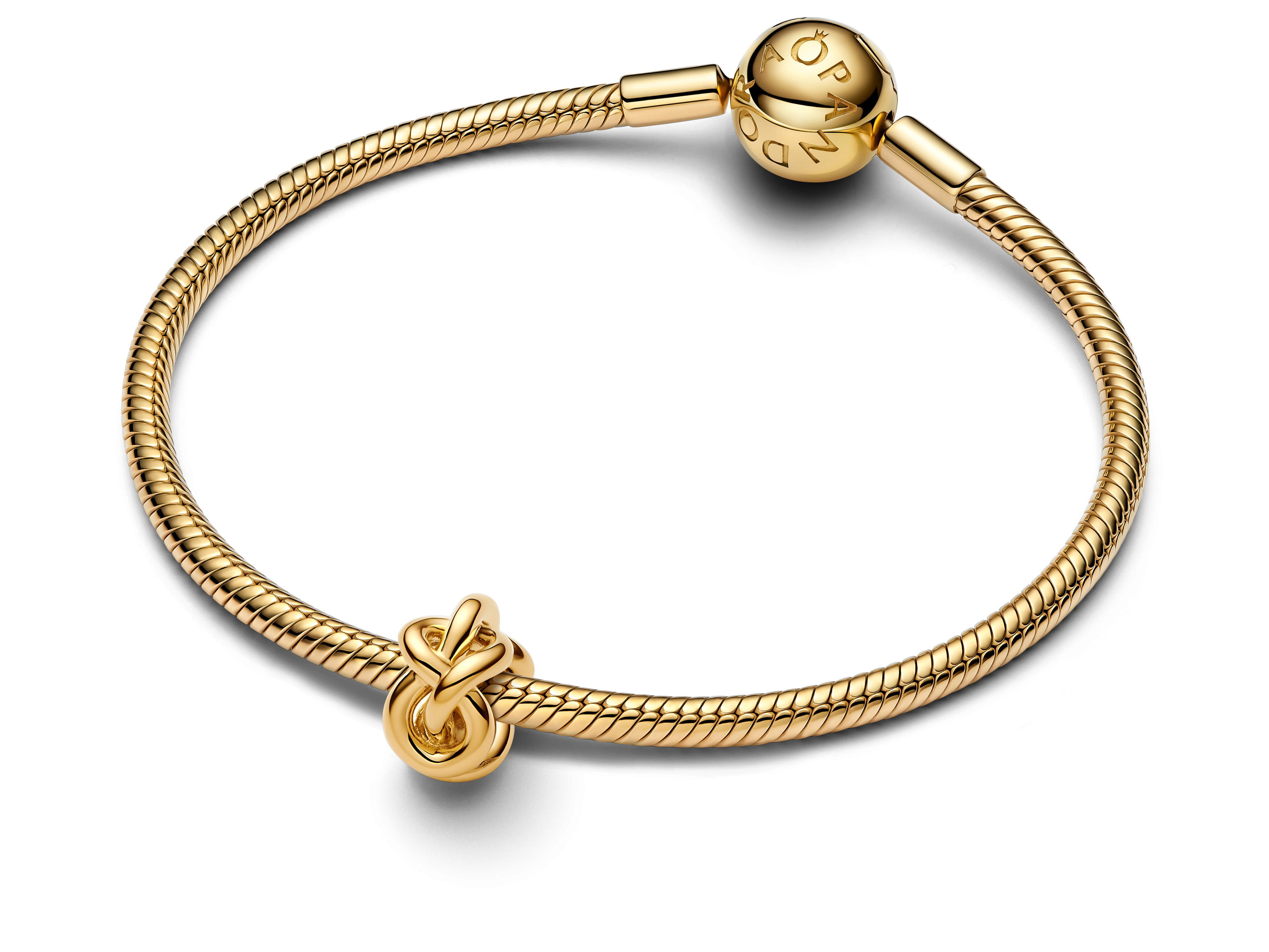 Pandora 763755C00 Charm in Gelbgold Vergoldung präsentiert ein elegantes Armband mit einem Unendlichkeitssymbol, ideal für stilvolle Akzente und persönliche Erinnerungen.