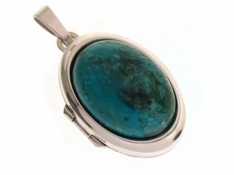 Chrysokoll Medaillon in Cabochonform aus Weißgold 585, hergestellt von Juwelier Harnisch, zeigt einen ovalen, gefassten Edelstein in leuchtendem Blau und grünen Nuancen.
