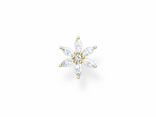 Ohrstecker von Thomas Sabo in Form einer Blüte, gefertigt aus Sterling Silber mit vergoldeten Elementen und weißen Zirkonia-Steinen, schimmernd und elegant.