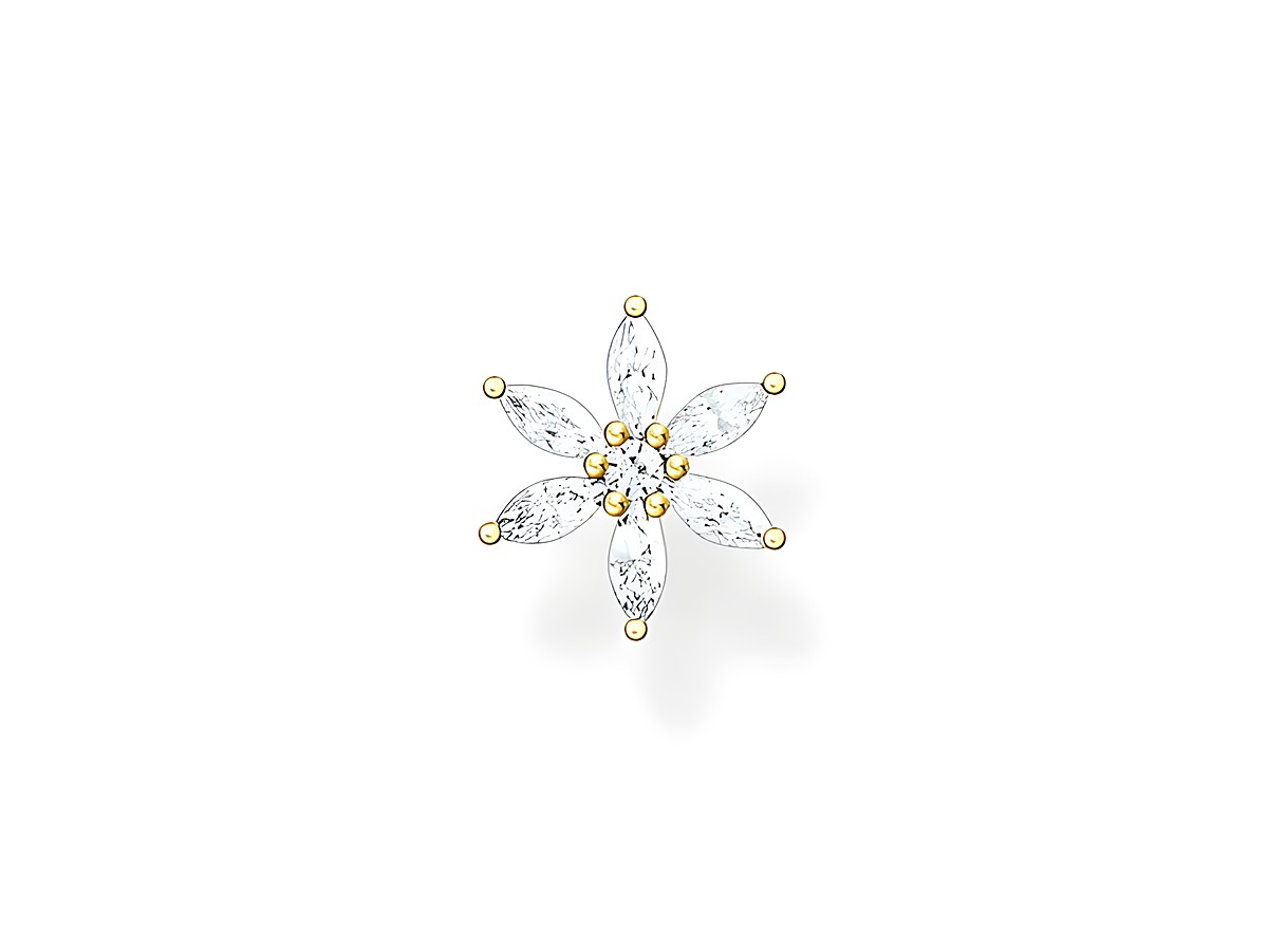 Ohrstecker von Thomas Sabo in Form einer Blüte, gefertigt aus Sterling Silber mit vergoldeten Elementen und weißen Zirkonia-Steinen, schimmernd und elegant.