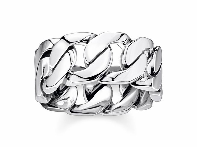 Herrenring von Thomas Sabo aus geschwärztem Silber in Größe 62 mit Panzerketten-Design, glänzende und geschwungene Elemente erzeugen eine moderne Optik.