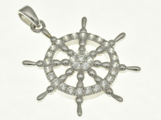 Steuerrad Anhänger aus rhodiniertem Sterling Silber, verziert mit Zirkonia, Hersteller Juwelier Harnisch, maritim geprägtes Design für Seefahrt-Fans.