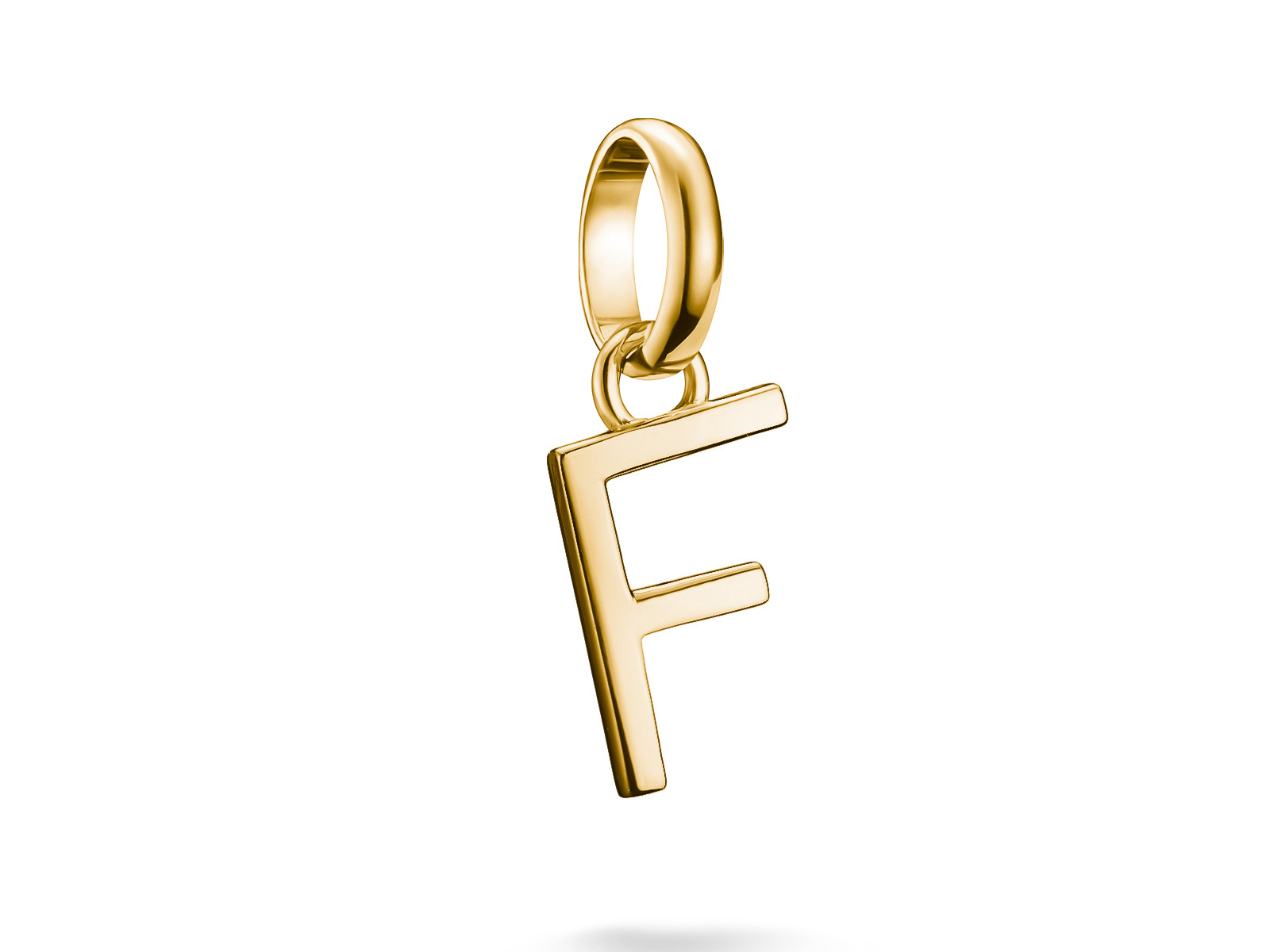 Charm in Form des Buchstabens F aus Silber mit partiellem Gelbgold-Vergoldung, Teil der Thomas Sabo Charm Club CONNECT Kollektion, mit Öse zur Befestigung am Schmuckstück.
