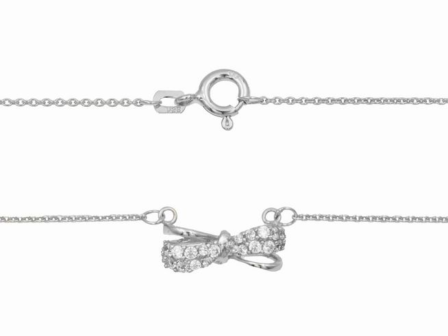 Kette mit Anhänger in Form einer Schleife aus 925 Sterling Silber, poliert und rhodiniert, verziert mit Zirkonia-Steinen, Länge 41+45 cm, hergestellt von Juwelier Harnisch.